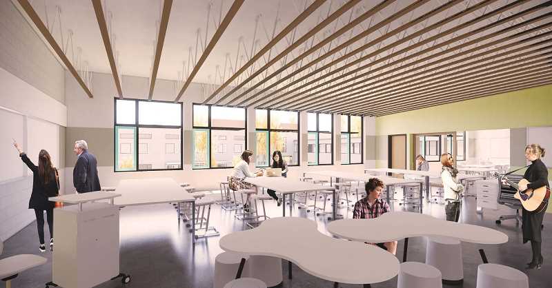 PHOTO COURTESY OF LAKE OSWEGO SCHOOL DISTRICT - An artist's rendering prepared by Mahlum Architects shows one of the new Lakeridge Junior High learning studios, which were inspired by a goal to make every classroom a STEAM/maker space. The extra-large footprints and flexible central spaces are designed to support innovative learning.