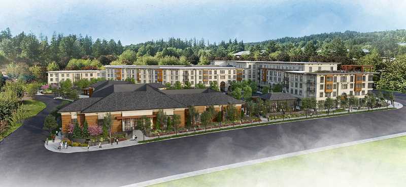 PHOTO COURTESY OF THE CITY OF LAKE OSWEGO - CenterCal Properties and Trammell Crow won approval in September for a mixed-use development at the corner of Kruse Way and Boones Ferry Road. It will include 208 apartments and 50,000 square feet of retail and commercial space. This view looks west across Boones Ferry Road; Kruse Way is at right, Mercantile Drive at left. 