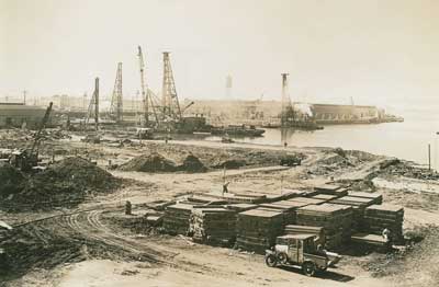 The Oakland Naval Supply Depot under construction at the Oakland Outer Harbor in 1941. Photo courtesy of Oakland Public Library, Oakland History Room and Maps Division.