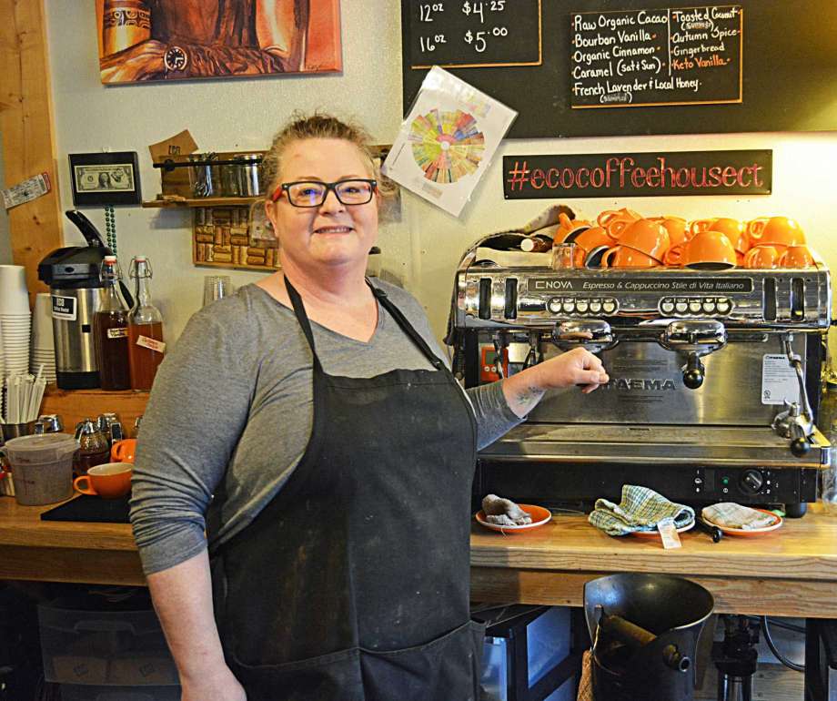 East Hampton’s Eco Coffeehouse, owned by Susan Popielaski of Portland, is an organic espresso bar which also sells local created by people with disabilities. It’s located at 82 Main St. in the historic village center. Popielaski creates tea, coffee and other beverages infused with unique combinations, including extracts she makes herself. Photo: Cassandra Day / Hearst Connecticut Media