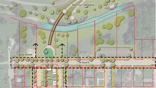 Updated illustration released by Yorktown shows the updates along Buck Creek and Canal Street.