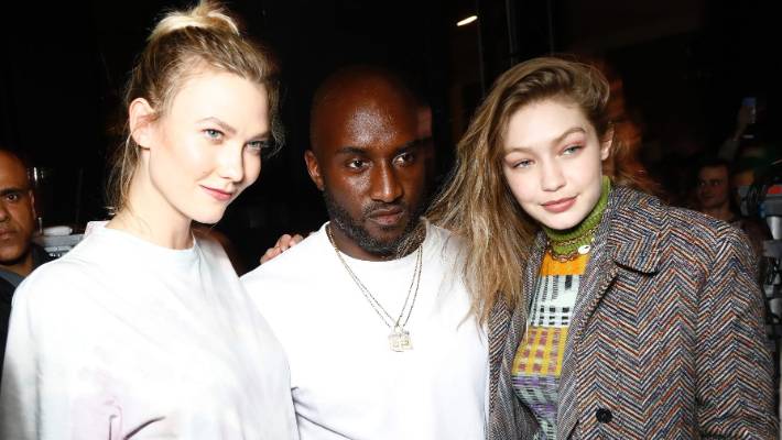 Models Karlie Kloss, left, and Gigi Hadid joined Virgil Abloh for the launch of his Evian collab.