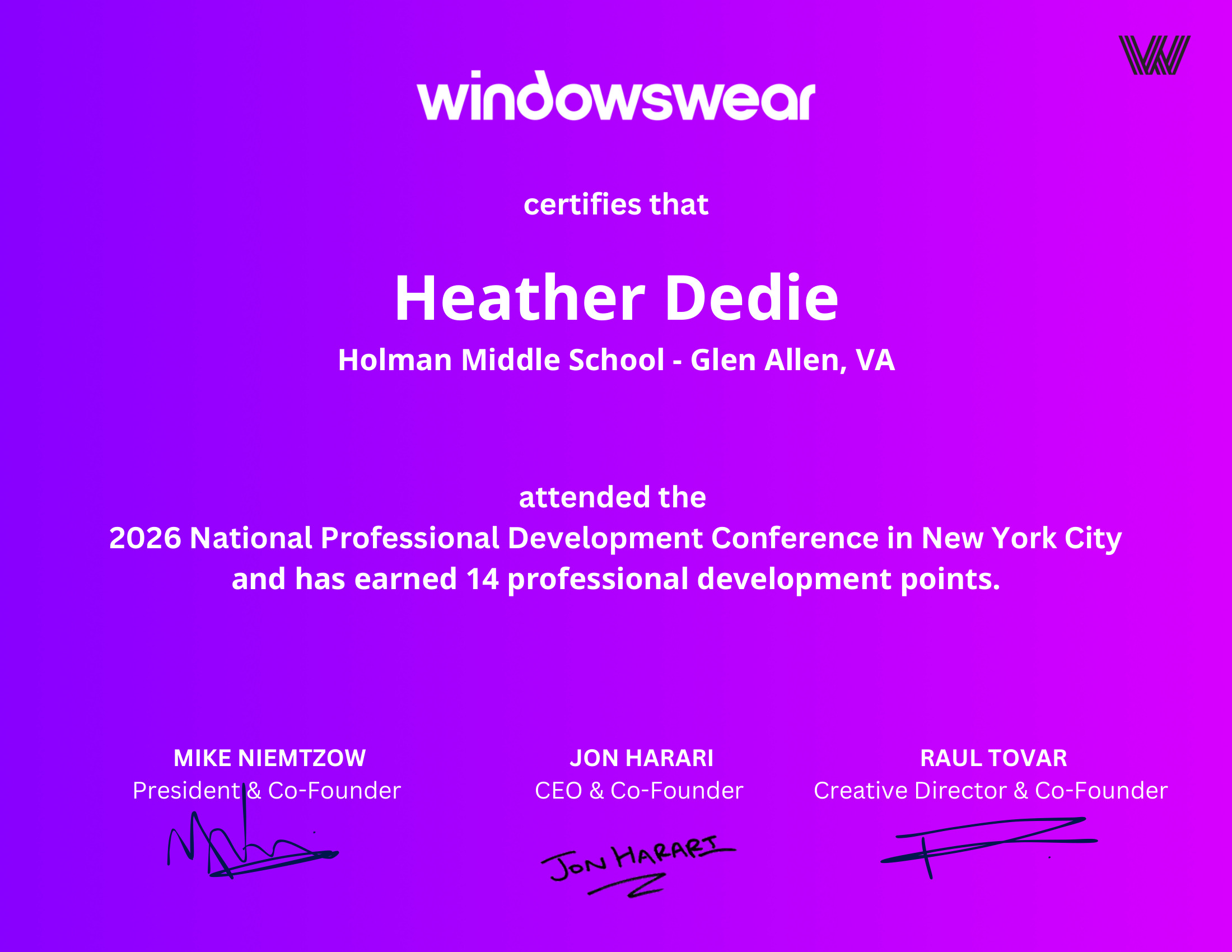 Heather Dedie — PD certificate